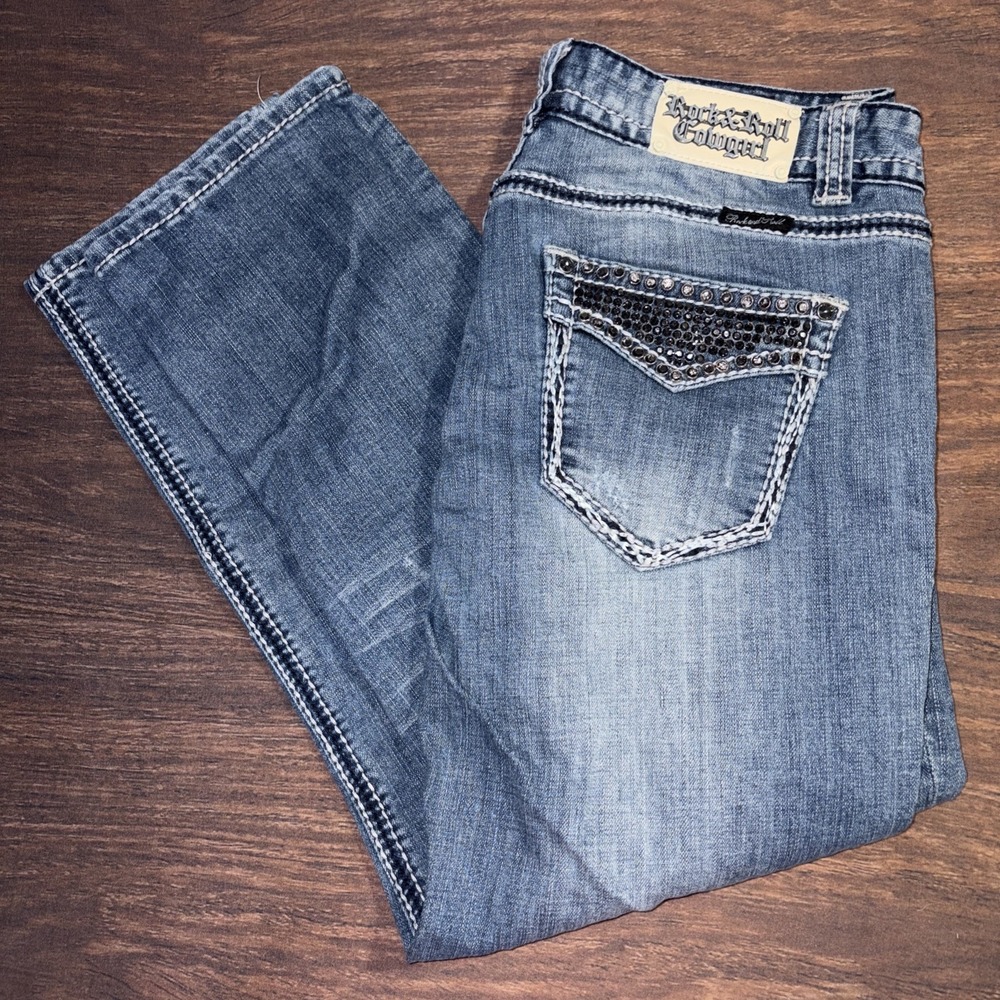 Rock & Roll Cowgirl Bootcut Denim Blue Jeans Low Rise Size 31 Bling Rhinestones